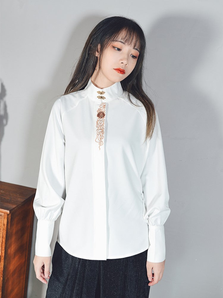Shirt Gothic Cheongsam with Embroidery Metal Clasp White Floral