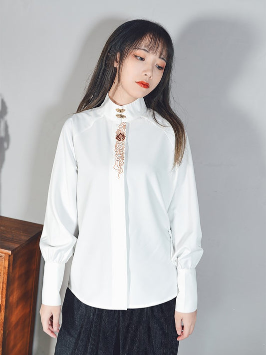 Shirt Gothic Cheongsam with Embroidery Metal Clasp White Floral
