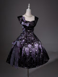 Elegant Satin Lolita Dress with Floral Print & Side Lace-Up Design in Black & Purple - Unknown Star