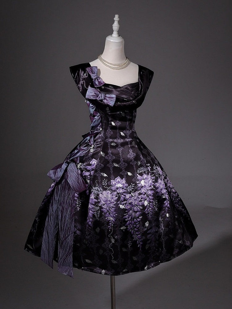 Elegant Satin Lolita Dress with Floral Print & Side Lace-Up Design in Black & Purple - Unknown Star