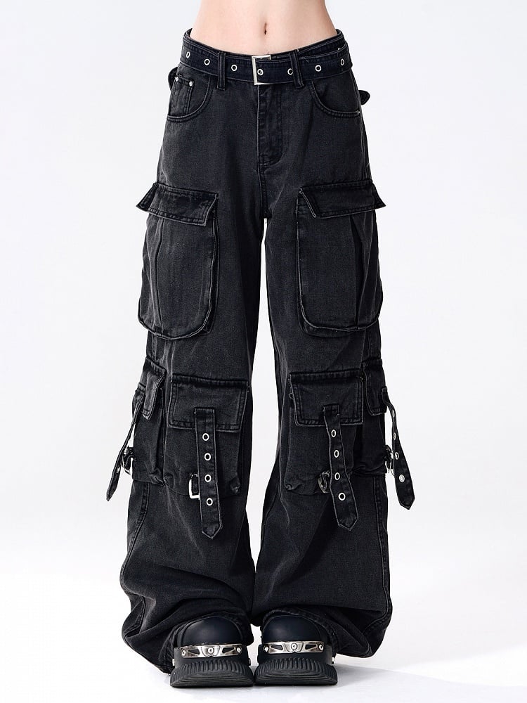 Straps Eyelet Low-Waist Wide-Leg Cargo Jeans Dangling Details with Black
