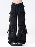 Straps Eyelet Low-Waist Wide-Leg Cargo Jeans Dangling Details with Black