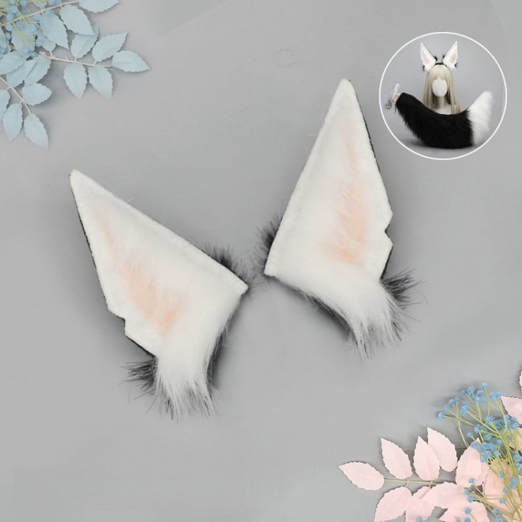 Covers Ear Waggling BlackWhite Plush / Black Wolf Pointed
