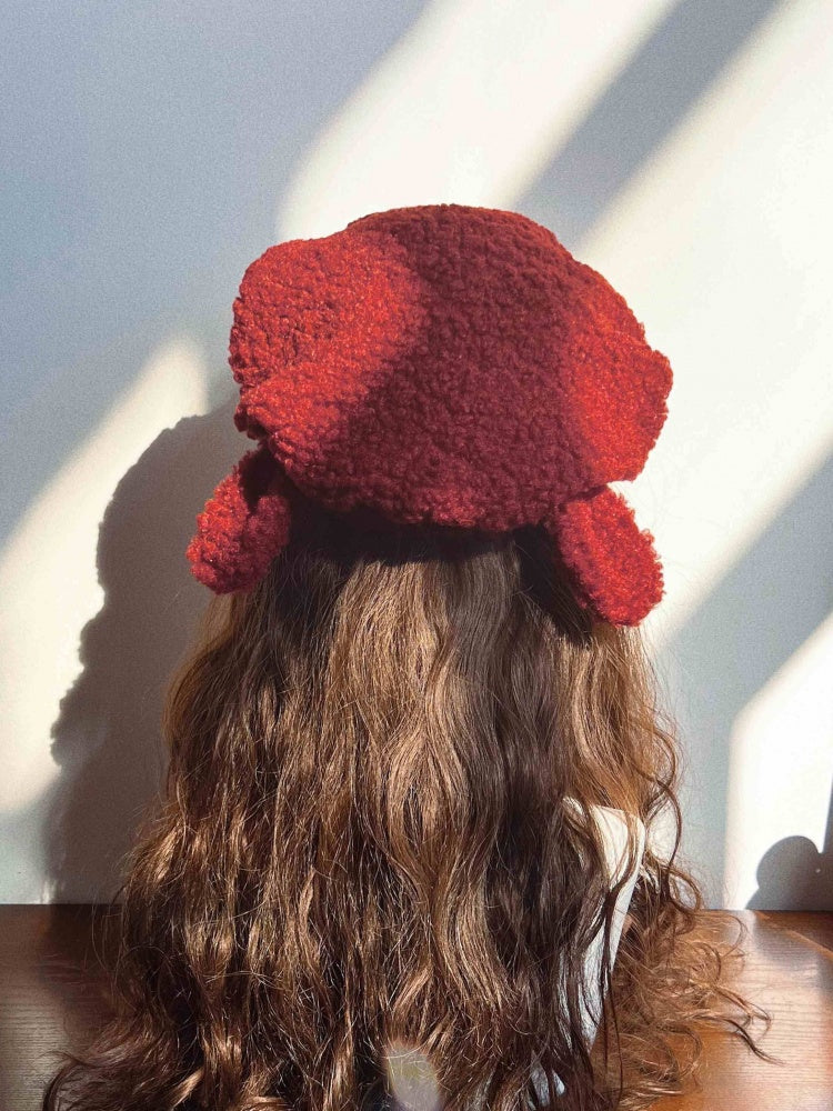 ホワイト/ブラック/レッド/ブラウンのフリース動物耳冬用ベレー帽