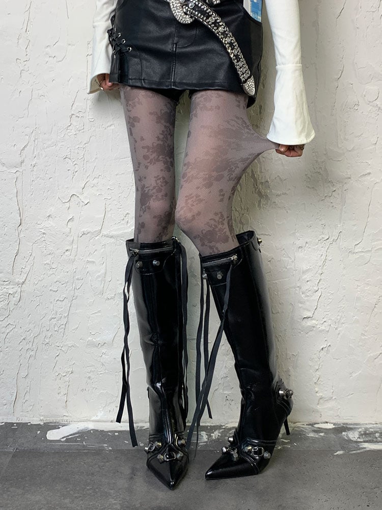 Gothic Grau-lila Y2K Blumenstrumpfhose