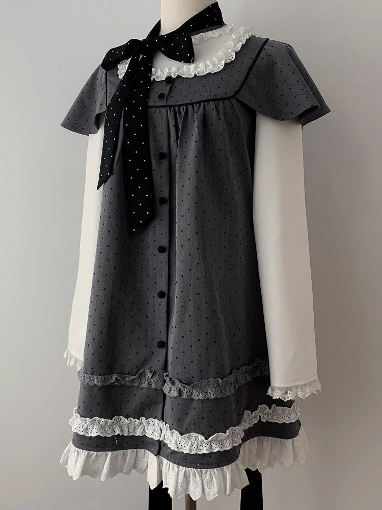 Dress Two-Piece Kei Dot Fake Sleeve Polka Jirai Ruffled Gray Long