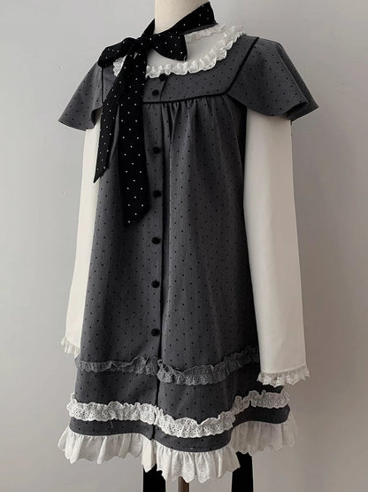 Dress Two-Piece Kei Dot Fake Sleeve Polka Jirai Ruffled Gray Long