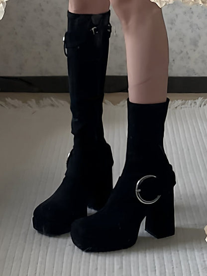 Toe Black Design Block Square Platform High Boots Heel with