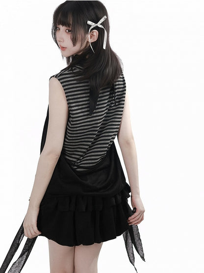 Gray Striped Tank Top with Cross Chain Scarf - PINK SAVIOR