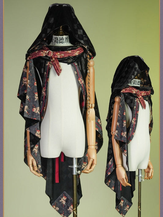 Black & Red Checked Pattern Lolita Cape with Embroidered Details - Neoludwig