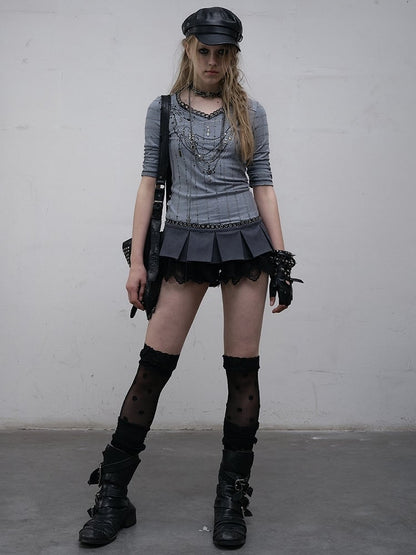 Muster Langer V-Ausschnitt Strass Gestreift Rosa/Blau Ärmel Punk Design Top Halskette Wasteland