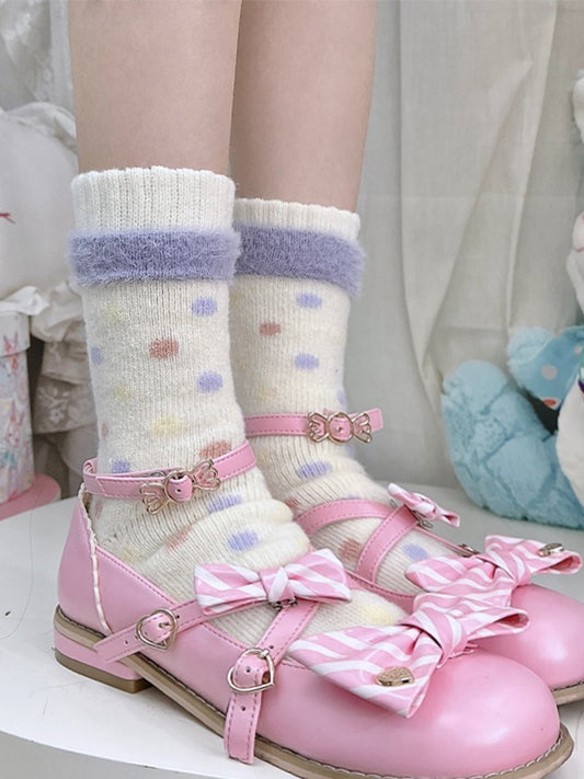 Creamy Yellow Cute Polka-dot Pattern Calf Socks