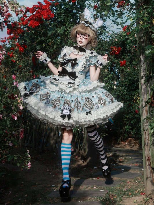 Blue White Alice Wonderland Sweet Lolita OP Dress Set - Untitled Heartbeat