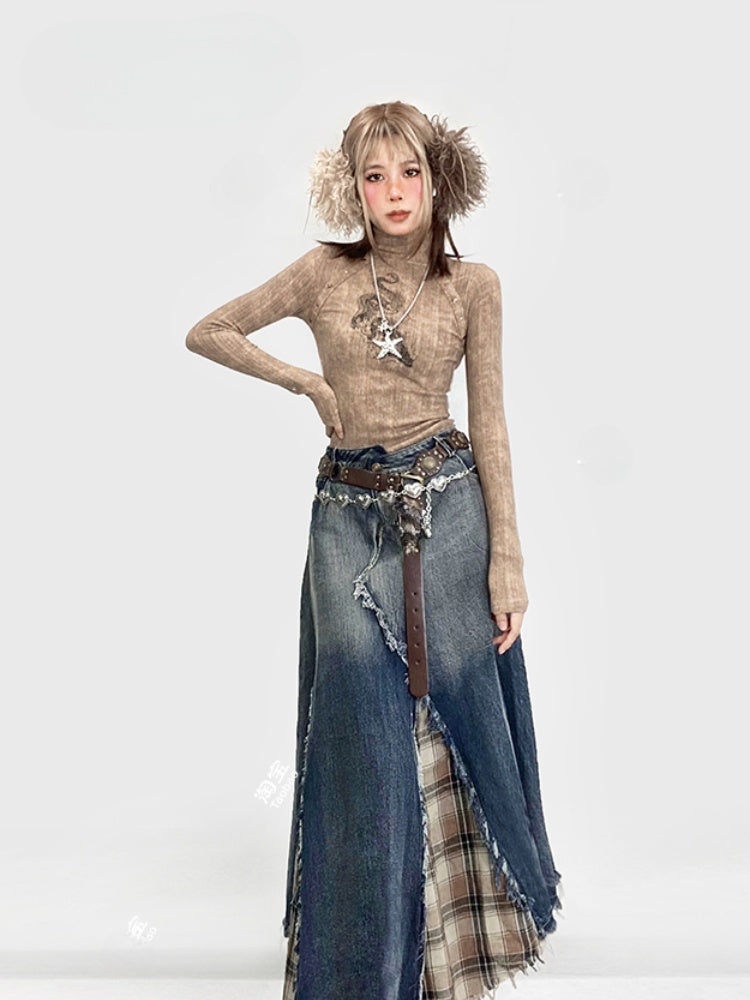 Khakifarbenes, hochgeschlossenes Oberteil mit Drachen-Print