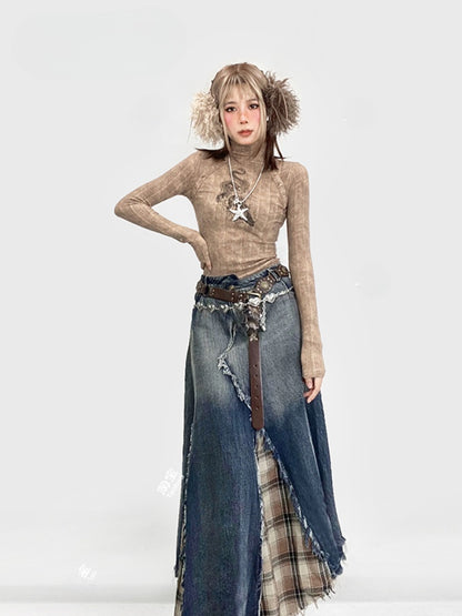 Khakifarbenes, hochgeschlossenes Oberteil mit Drachen-Print