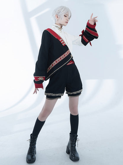 Motif Lace-Up Ruyi Red Gold Details Shorts High-Waisted Black with Embroidered Lace Trim