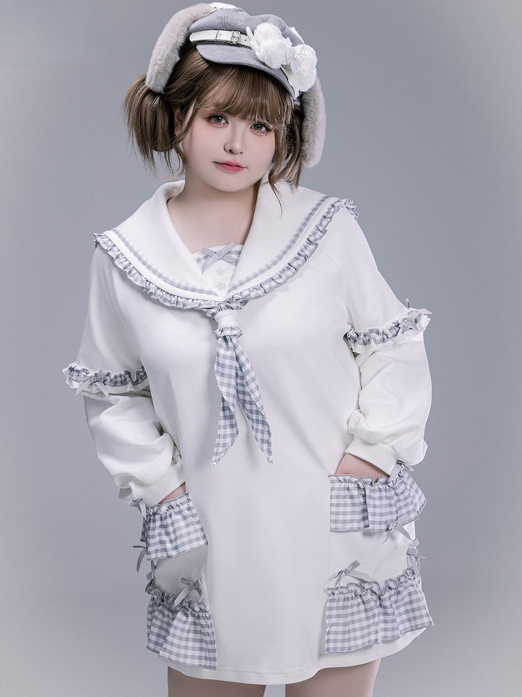 Free Jirai Blue Sailor Dusty Tie Collar Ruffles Sweatshirt Plaid Kei with