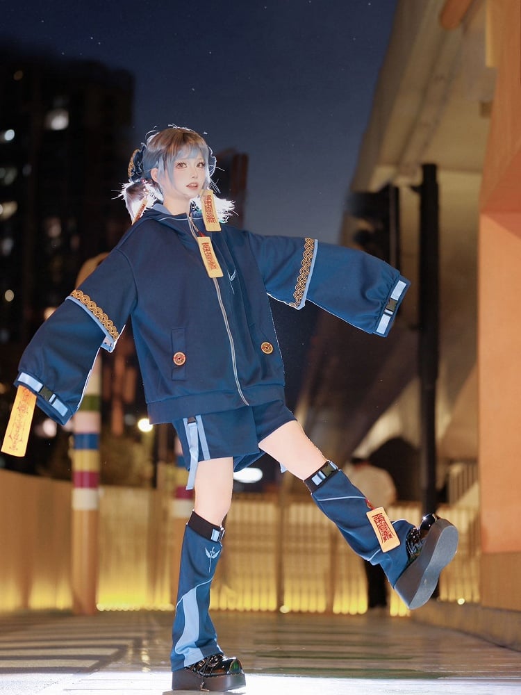 Zombie Techwear Little Set: Goth Navy Jacket Cheongsam Hooded