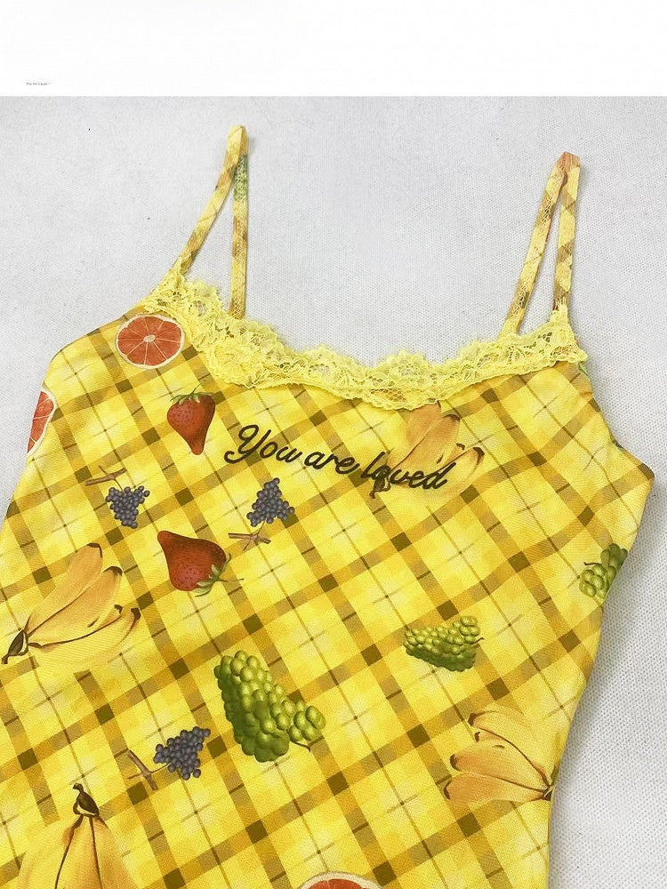 Y2K Muster Plaid Brief Hals + Gelb Obst Neckholder Cami Print Bittersüße Kleid Top Und Rot