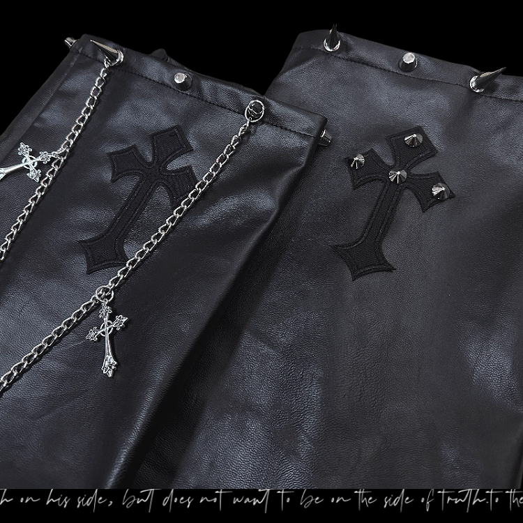 with Gothic Punk Black Cross Applique PU Studded Glamorous Chain Leg Warmers