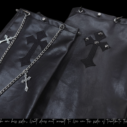 with Gothic Punk Black Cross Applique PU Studded Glamorous Chain Leg Warmers
