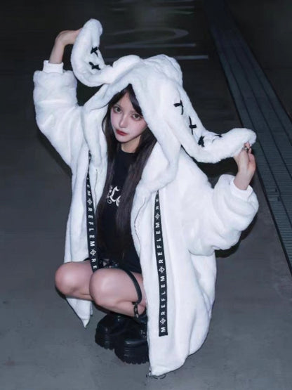 Dark Jirai Kei Plush Bunny Ear Hooded Winter Coat with Crossed Detail | Purple / Black / White