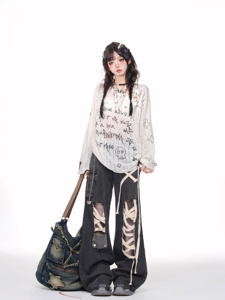 Schwarze Jeans mit weitem Bein und Cut-outs und Schnürdetail