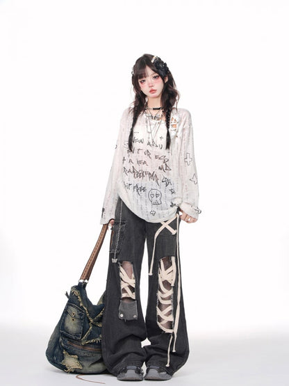 Schwarze Jeans mit weitem Bein und Cut-outs und Schnürdetail