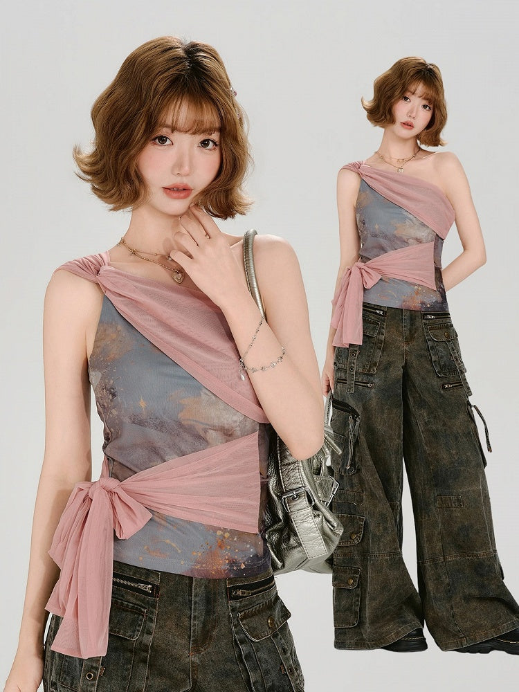 Retro Printed Pink Tulle Colorblock Top - Girlyhalo