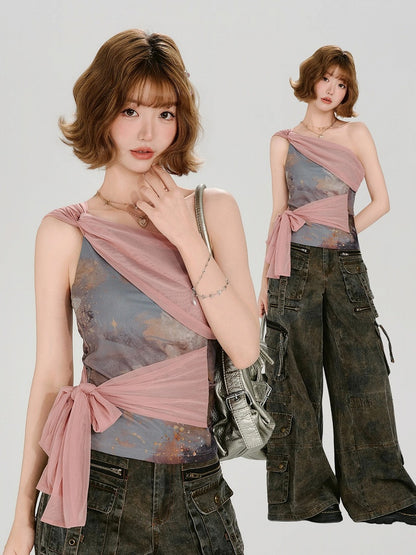 Retro Printed Pink Tulle Colorblock Top - Girlyhalo