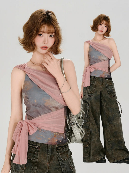 Retro Printed Pink Tulle Colorblock Top - Girlyhalo