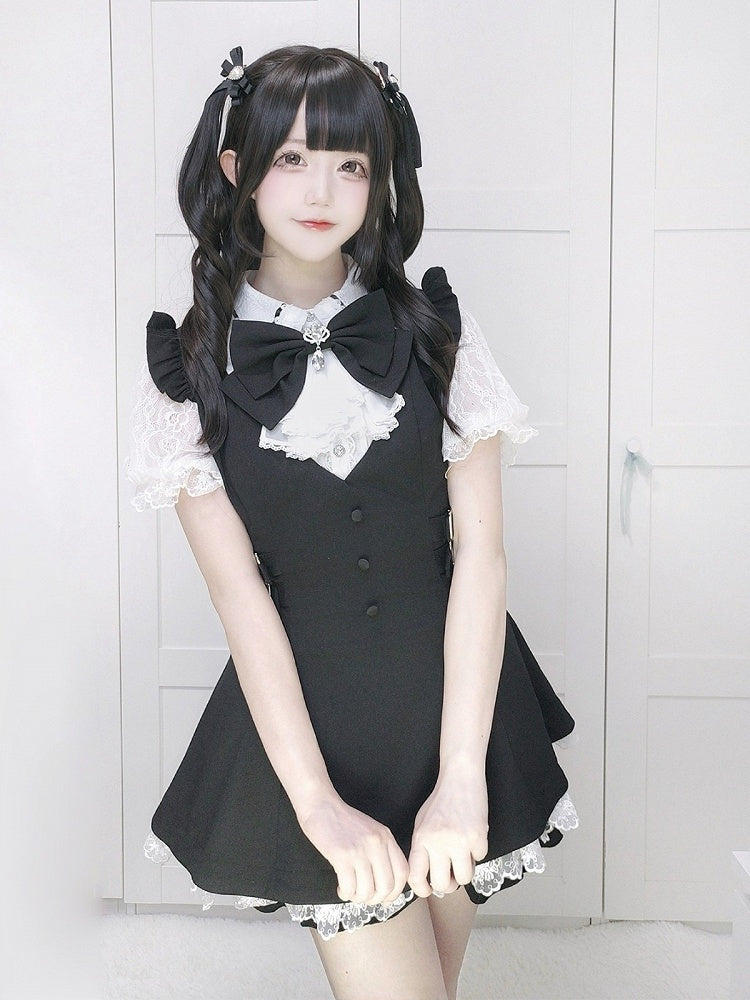 Jabot Black Jirai-Kei Plaid Short Sleeve Gown with Lace Bow Accents + Matching Shorts Set - Puzzles
