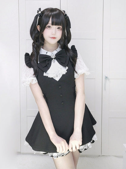Jabot Black Jirai-Kei Plaid Short Sleeve Gown with Lace Bow Accents + Matching Shorts Set - Puzzles