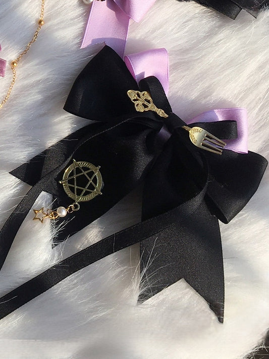 Purple Sweet Lolita Decor Hairclip Fork Bowknot Black Pentagram with Golden