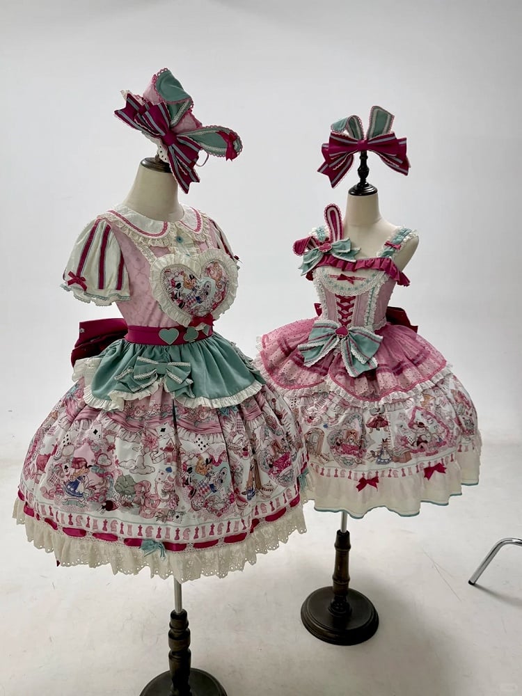 Pink & Green Alice Cat Vibes Heart-shaped Patch Sweet Lolita Dress with Apron Belt - Mewroco