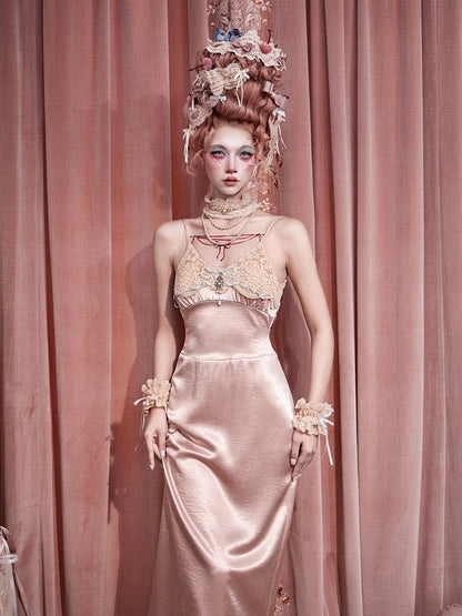 Rococo Pink Lace Satin Slip Dress with Padded Cups - Blood Supply