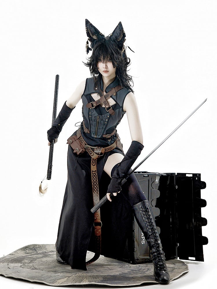 Side Collar and Buckle Straps Dress Sleeveless Banded Black Gray Crisscross Slit