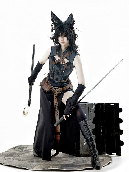 Side Collar and Buckle Straps Dress Sleeveless Banded Black Gray Crisscross Slit