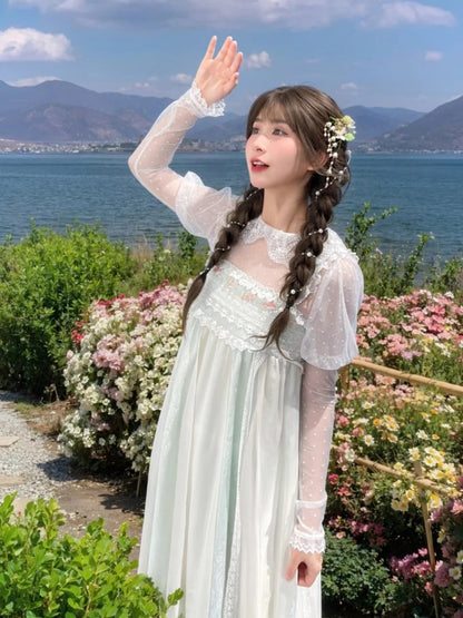 ブラウス レース ホワイト 水玉 ピーターパンカラー ジュリエットスリーブ スイート