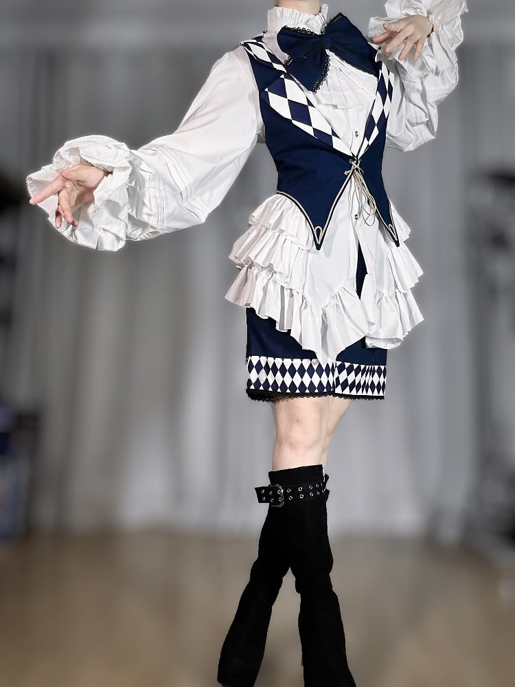 Blue Circus with Vibes Diamond Lolita Pattern Waistcoat Ouji Notched One-Shoulder Dark Collar Cape