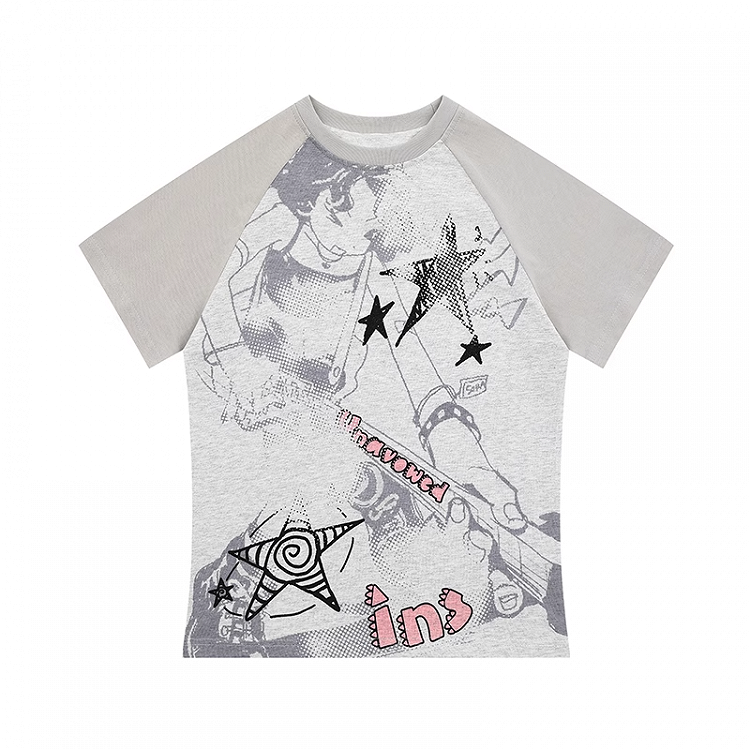Gray Colorblock Design Y2K Print Slim-fitting T-shirt