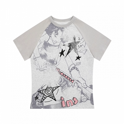Gray Colorblock Design Y2K Print Slim-fitting T-shirt