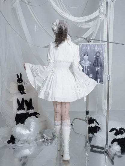 White Gothic Lolita Bell Sleeve Dress with Lace and Metal Buckle Accents - Kuroya