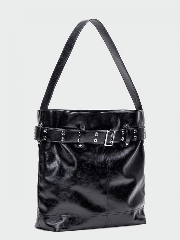 Elegant Black Tote Bag With Belt Buckle Accent - Perfect For Commuting