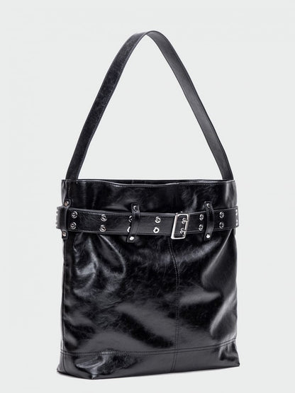 Elegant Black Tote Bag With Belt Buckle Accent - Perfect For Commuting