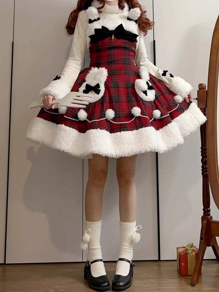 Rotes Karomuster, Winterhasen-Thema, Weihnachts-Lolita-Kleid, Plüsch-Ausschnitt und Saum