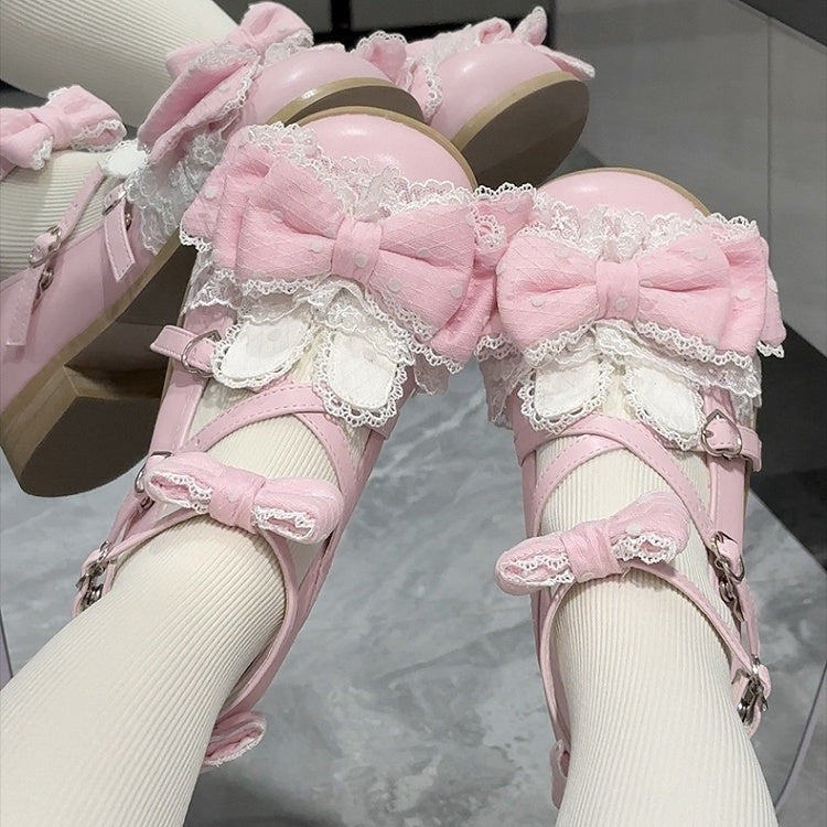 Bunny Ear Low/Mid Janes Pink – Punktakzente mit süßen Lolita-Schleifen, Mary Heels, runde Zehenpartie, Polka