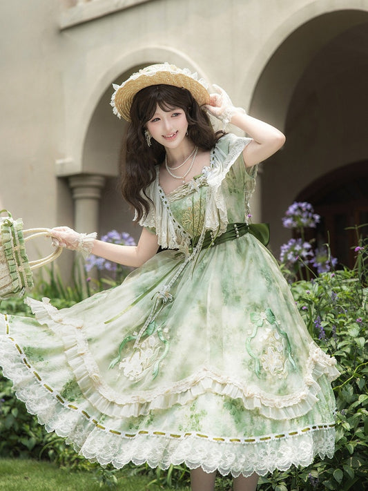Green Lolita Long Dress Set with Flutter Sleeves & Embroidery - Lunar Radiance