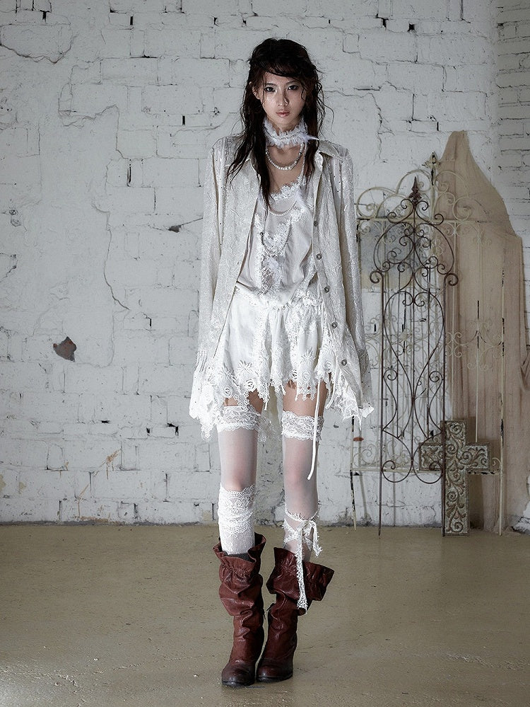 Beige Satin Lace-Trimmed Punk Shirt with Chain Accents