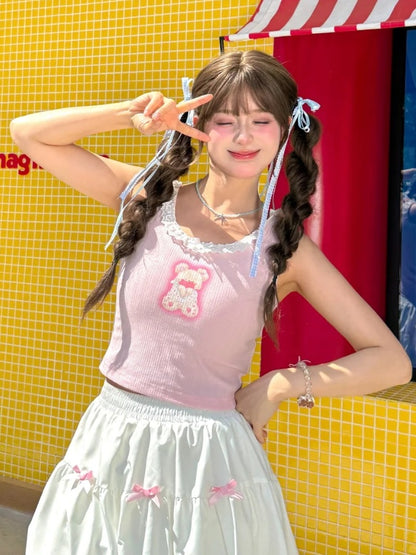 Süßes Tanktop mit rosa Teddybär-Print und Spitzenbesatz